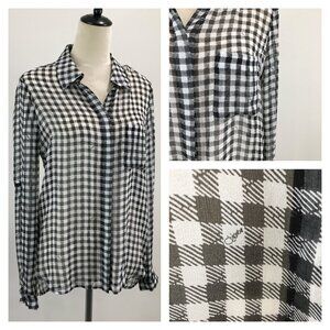 DVF DIANE VON FURSTENBERG Black White 100% Silk Logo Print Sheer Button Shirt